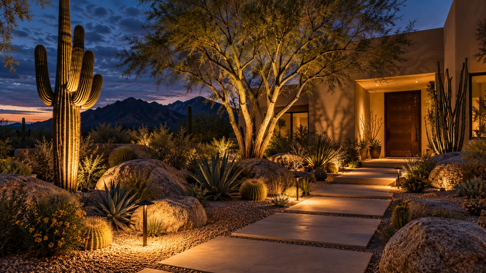 Lighting inspiration: Desert entry with illuminated cactus and trees