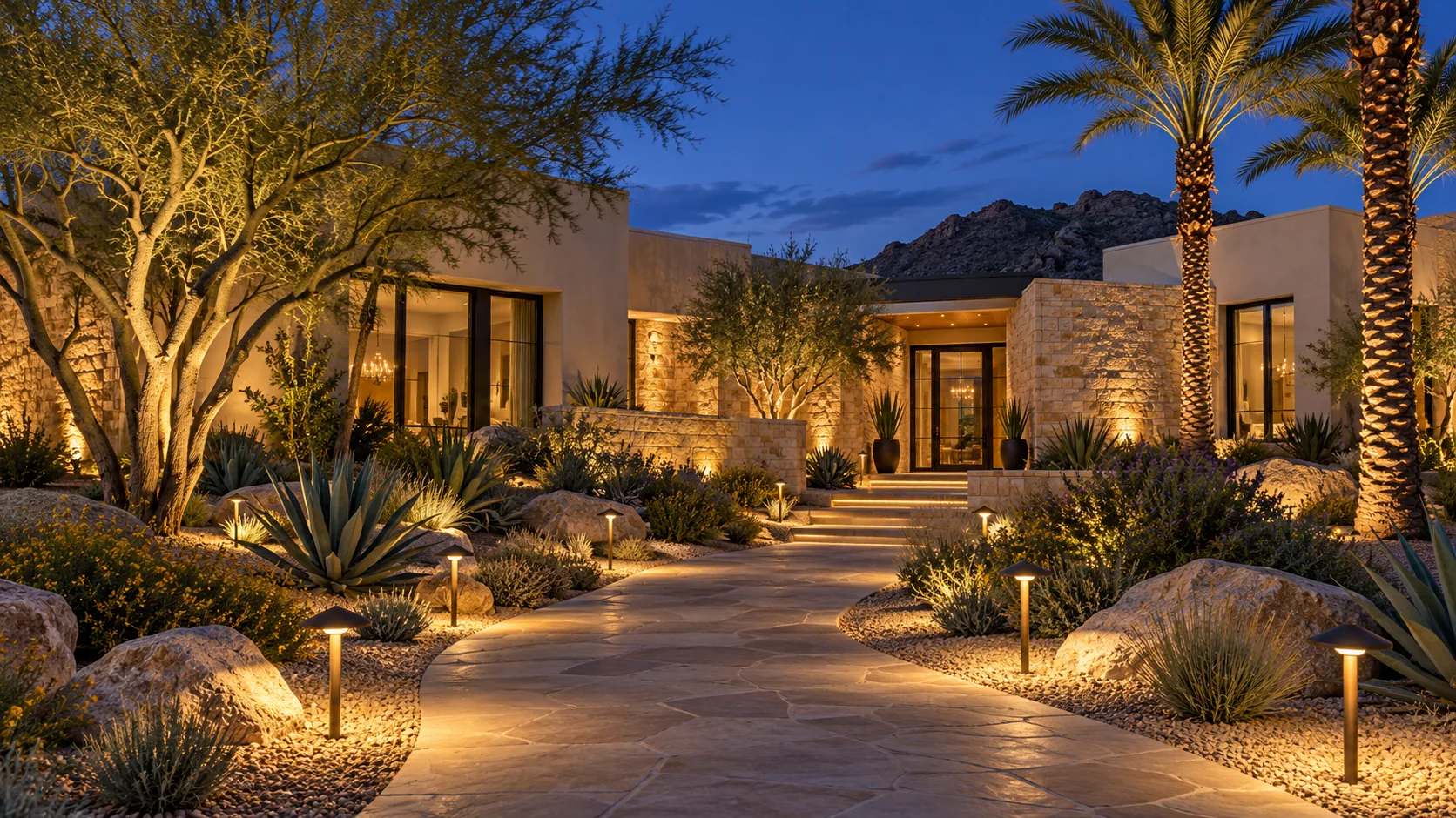 Lighting inspiration: warm pathway and tree lighting at a desert home