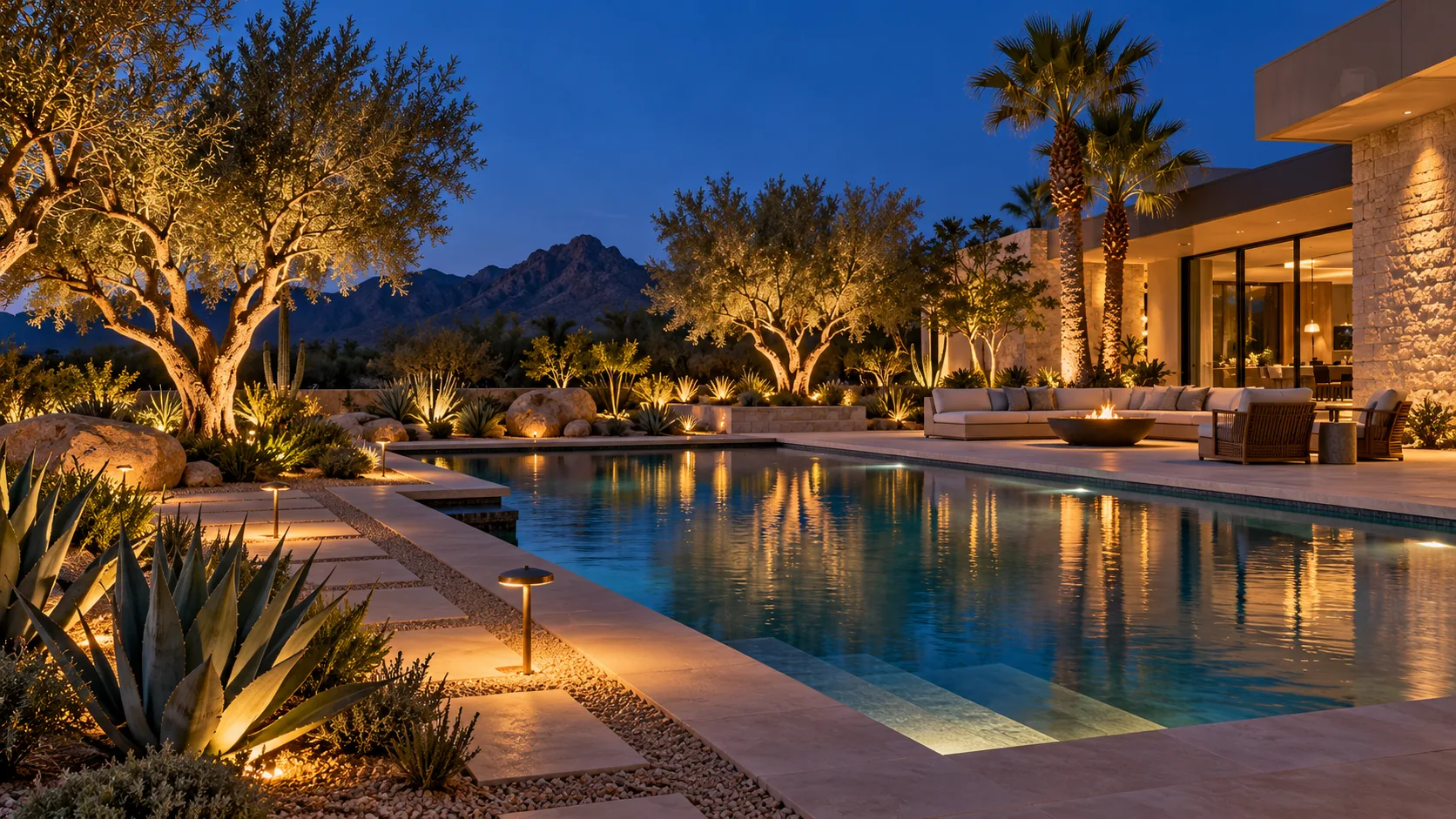 Lighting inspiration: Poolside garden with warm landscape lighting