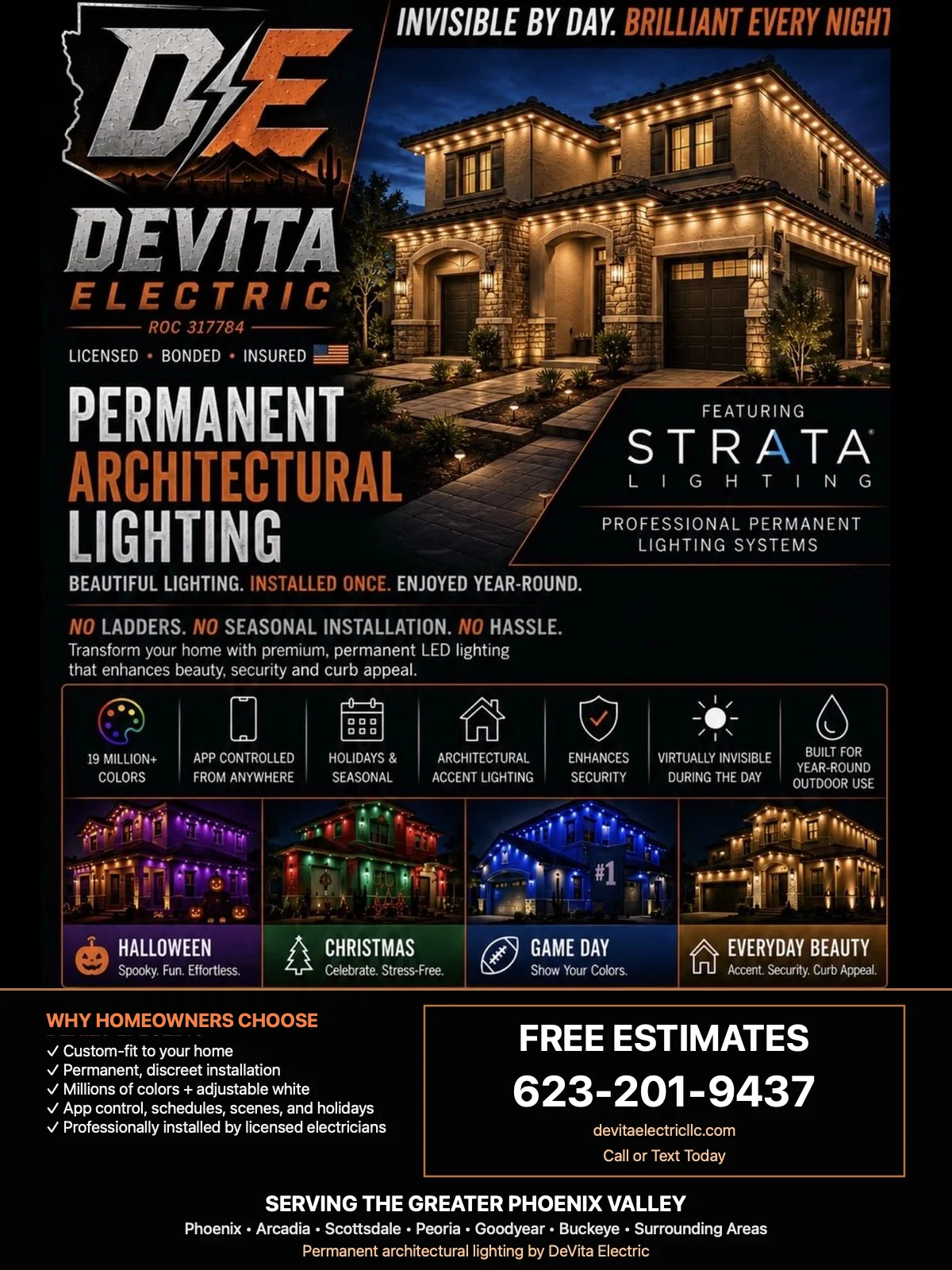 DeVita Electric Strata permanent architectural lighting flyer serving Phoenix, Arcadia, Scottsdale, Peoria and the Greater Phoenix Valley